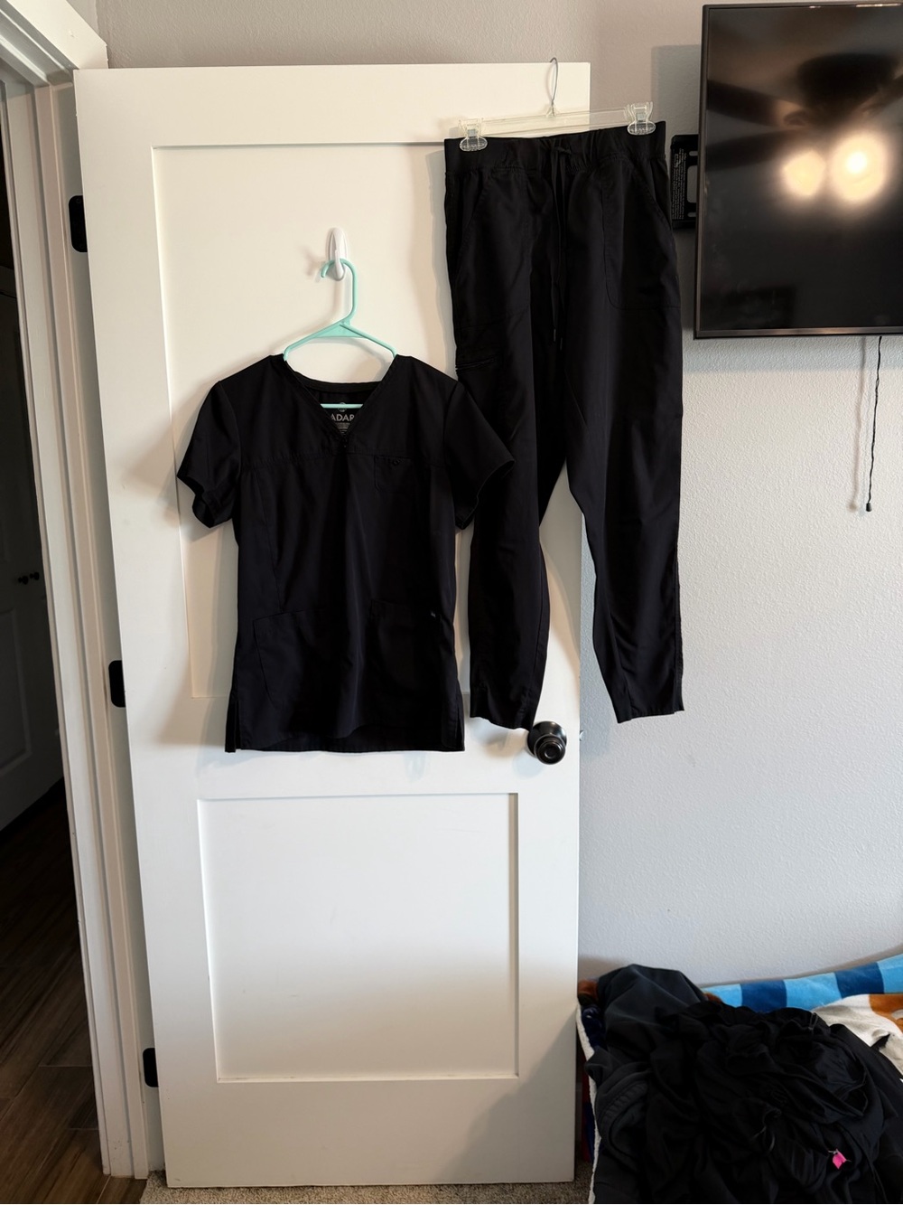 Ada Black Women's Nurses Scrub Set - V-Neck Top & Elastic Waist Pants